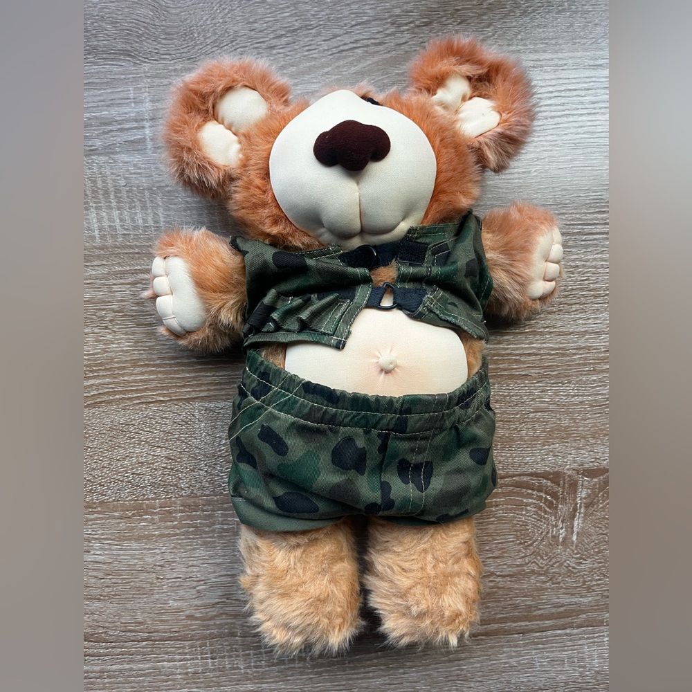Vintage 1985 Furskin Teddy Bear‎ Camo by Xavier Roberts Dudley Signed 15"